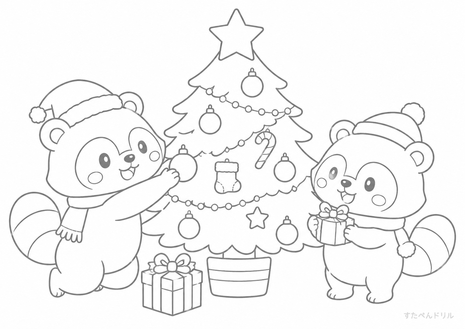 クリスマスツリーとたぬきのぬりえプリント
