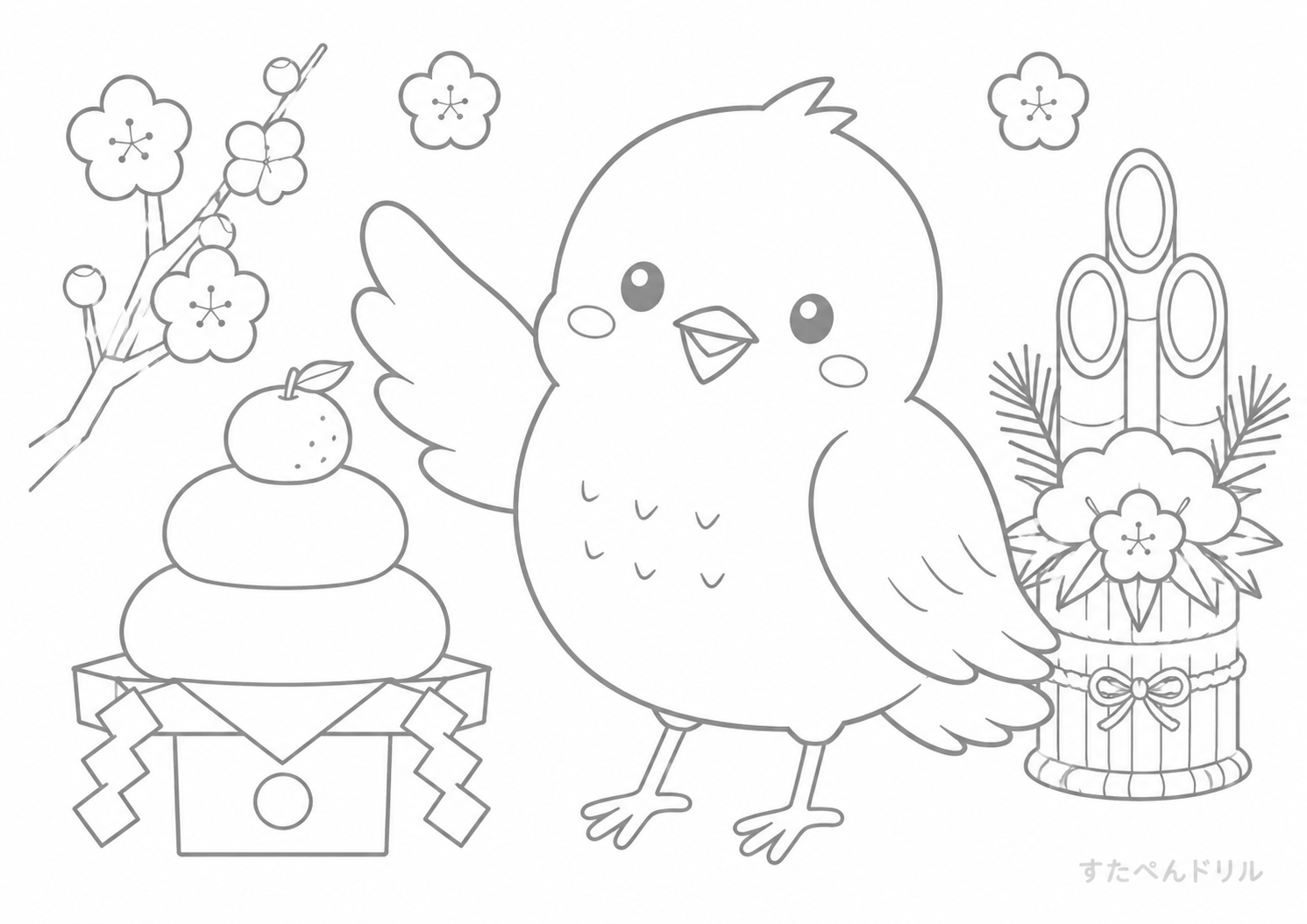 とりのぬりえ お正月の鳥 A4 無料PDFダウンロード印刷