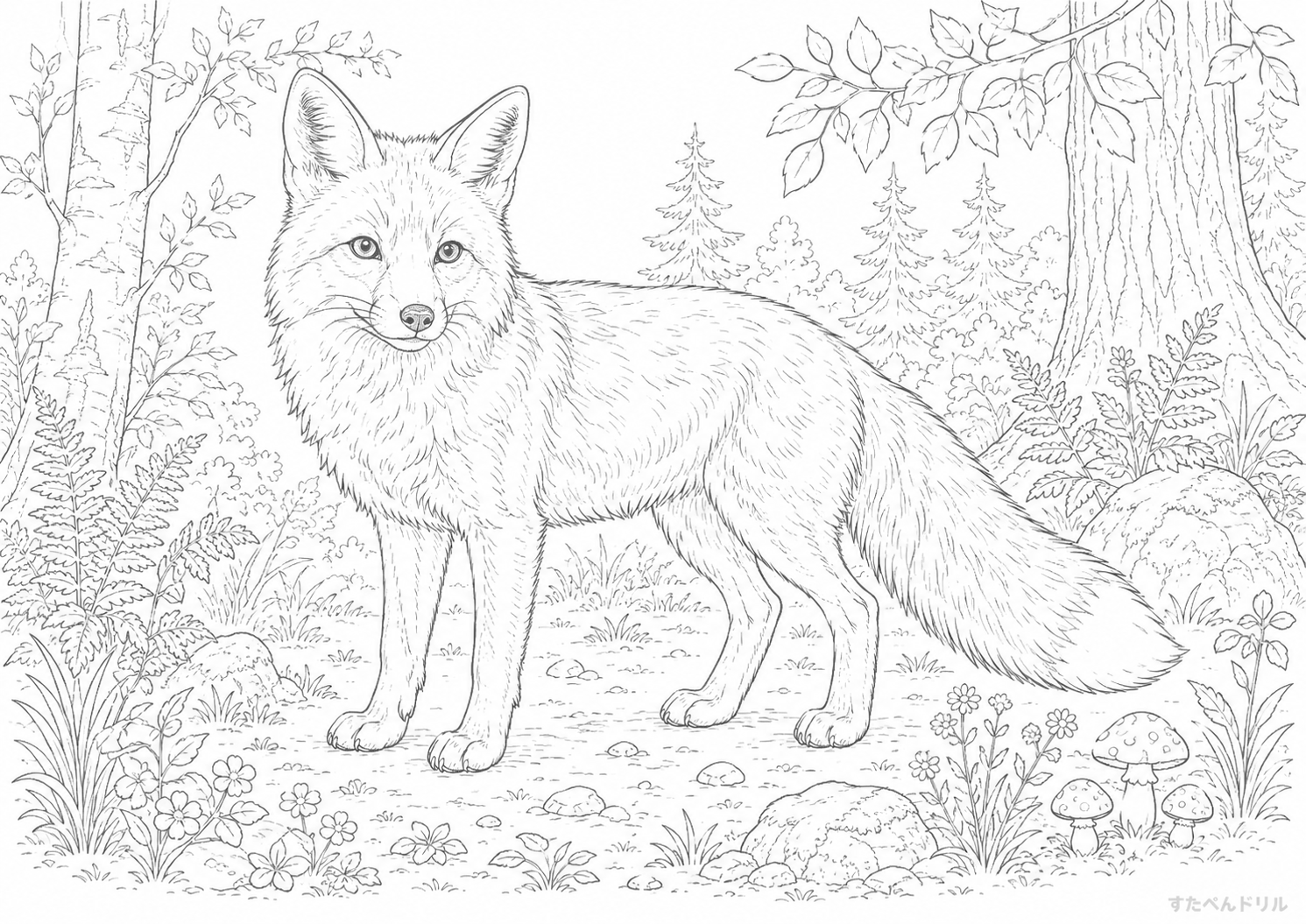 森の中のキツネ ぬりえプリント A4 PDF 無料ダウンロード