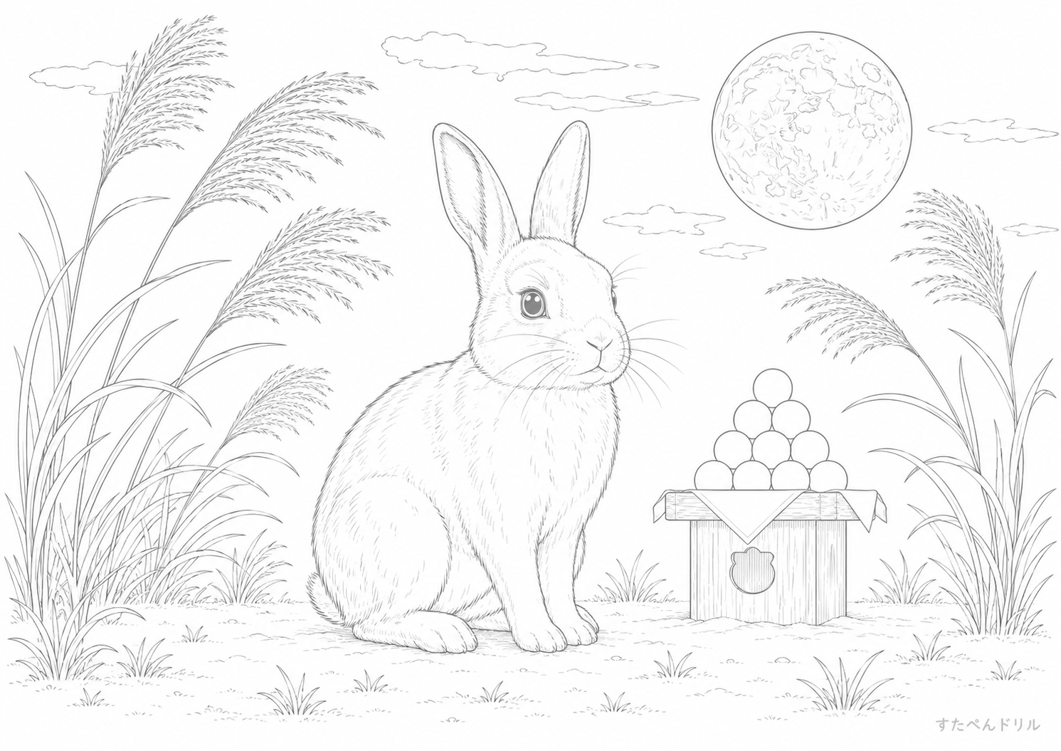 リアルなお月見うさぎの塗り絵PDF