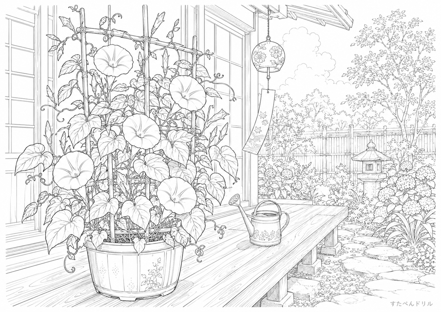 縁側と朝顔 夏のぬりえ無料PDF