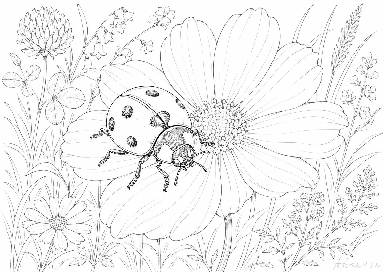 野の花とてんとう虫 てんとう虫のぬりえ無料プリント