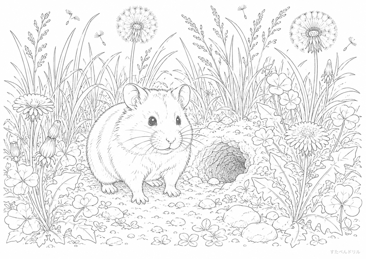 草原と巣穴のハムスター ぬりえプリント A4 無料PDF