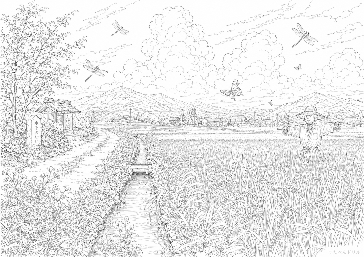 夏の田園風景 7月の塗り絵PDF