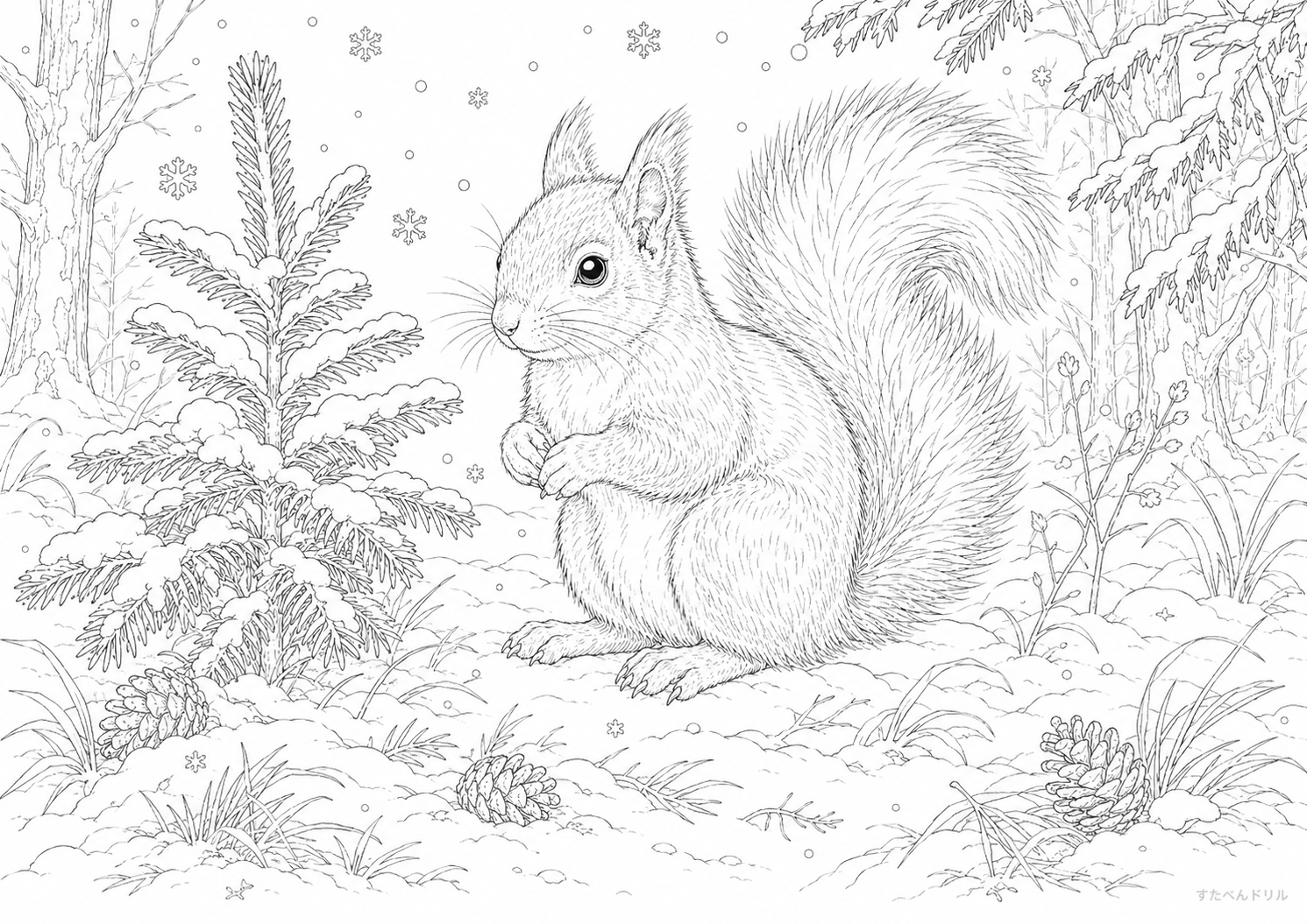冬の森のリス リス ぬりえ 塗り絵 無料プリント PDF