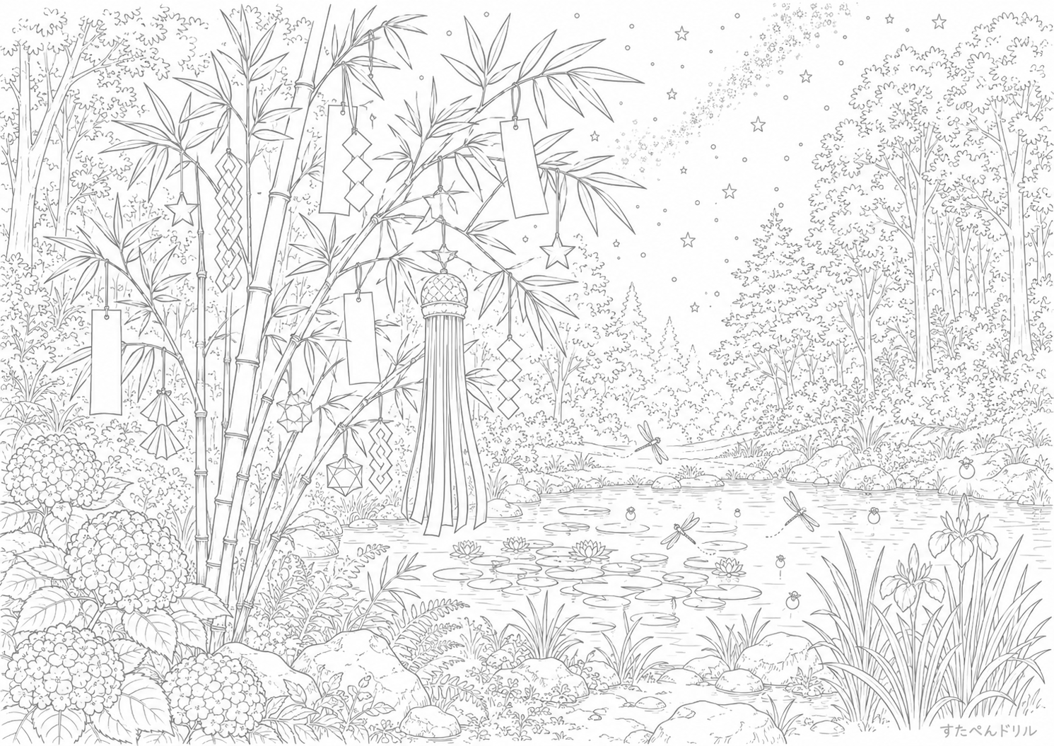 森と池の七夕風景 七夕のぬりえ無料プリントPDF