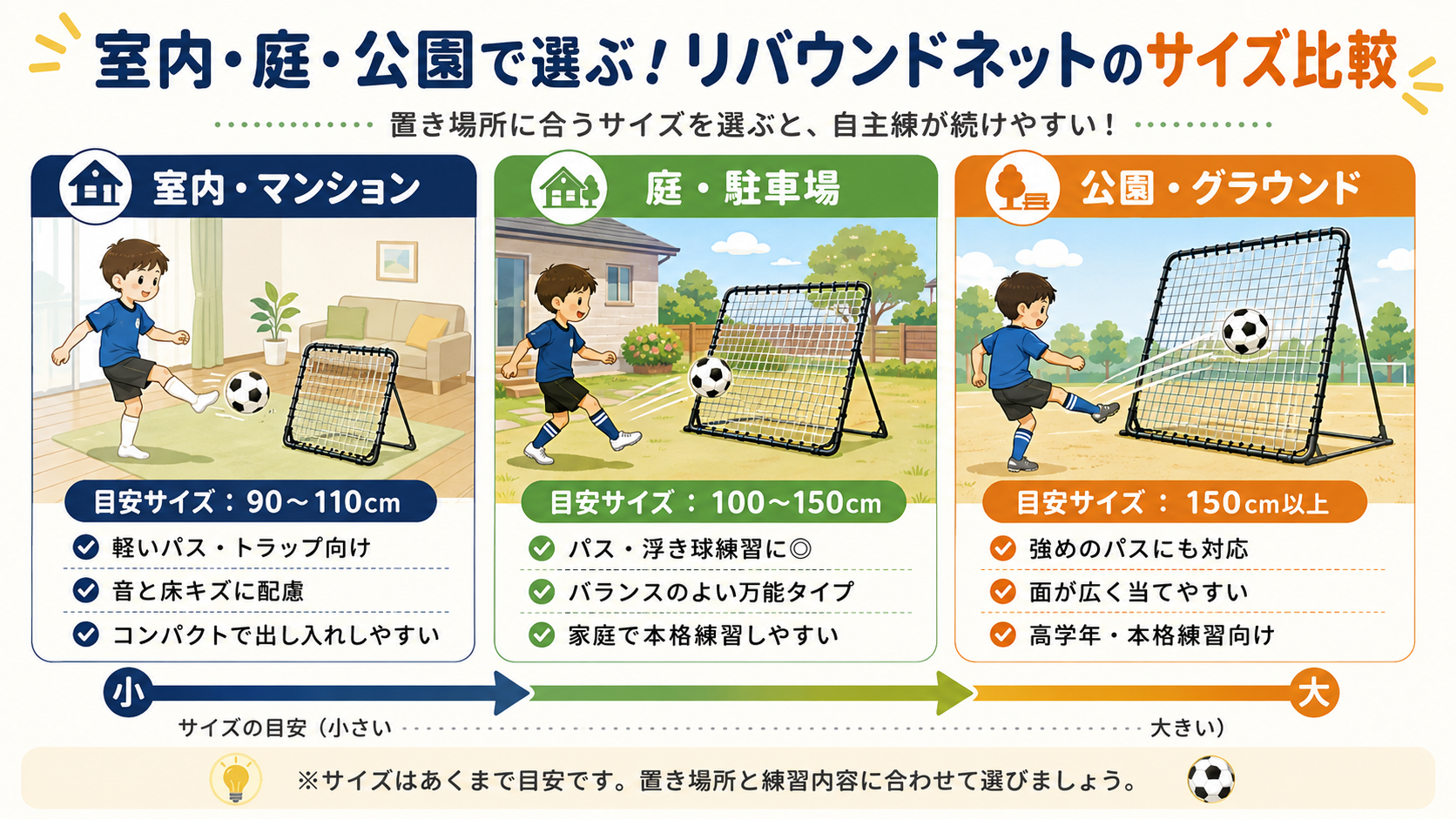 室内・庭・公園で選ぶリバウンドネットのサイズ比較