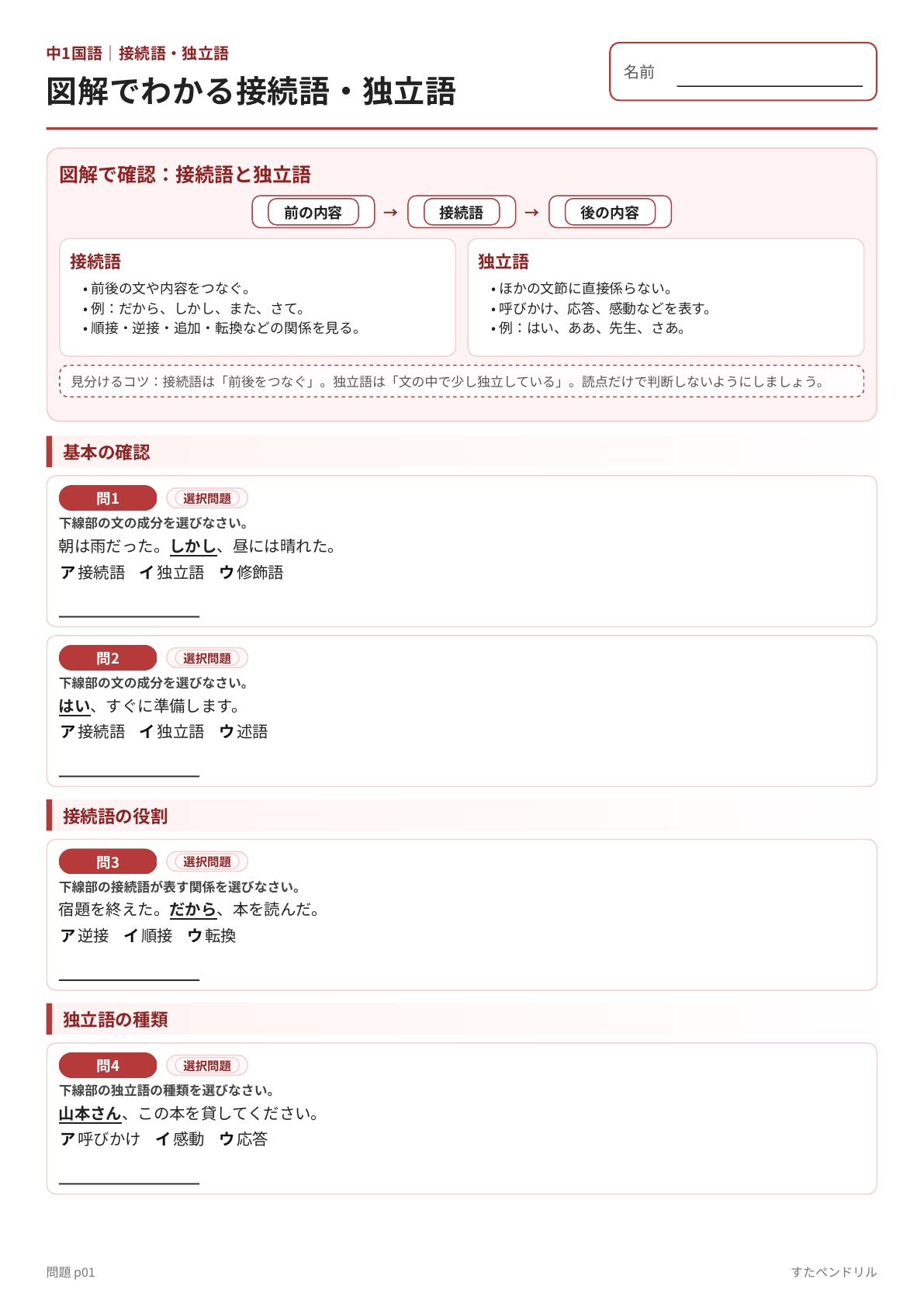 中1国語 接続語・独立語 図解解説・基礎確認プリント