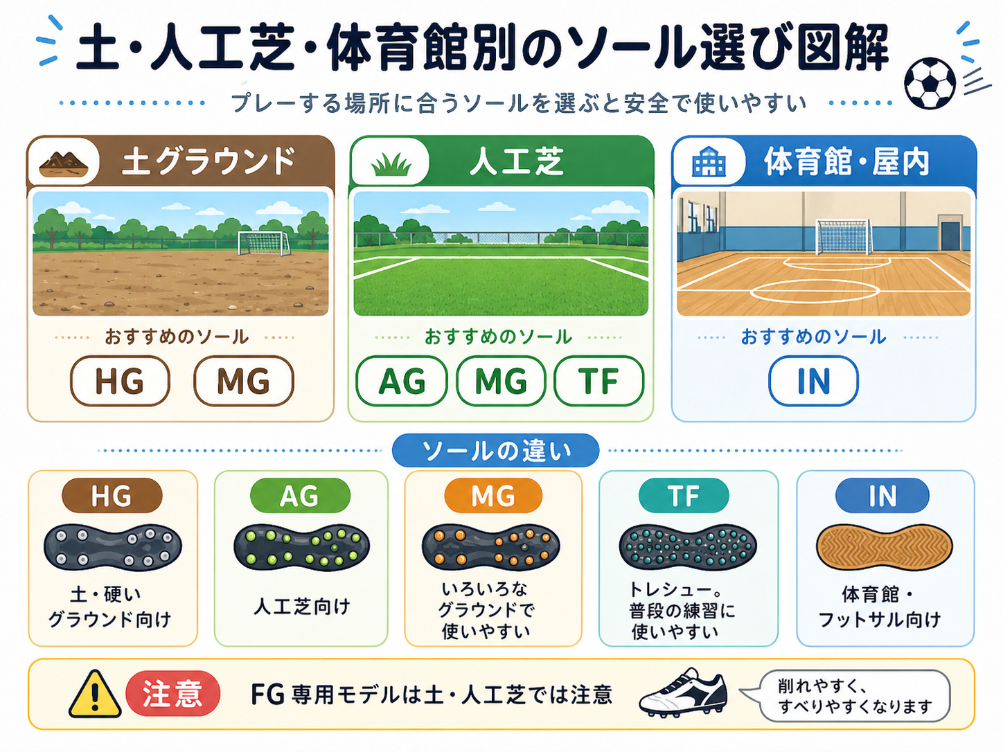土・人工芝・体育館別のソール選び図解(HG・AG・MG・TF・IN)