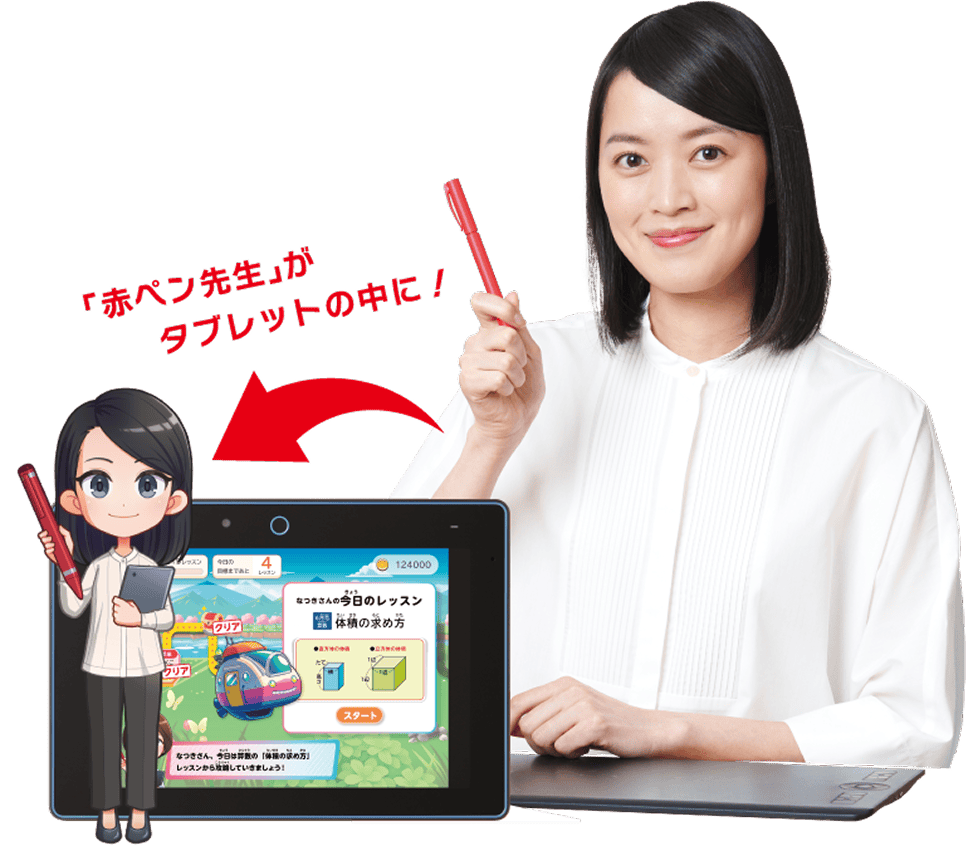 進研ゼミ小学講座のイメージ。チャレンジタッチのタブレットの中で赤ペン先生が個別指導してくれる様子