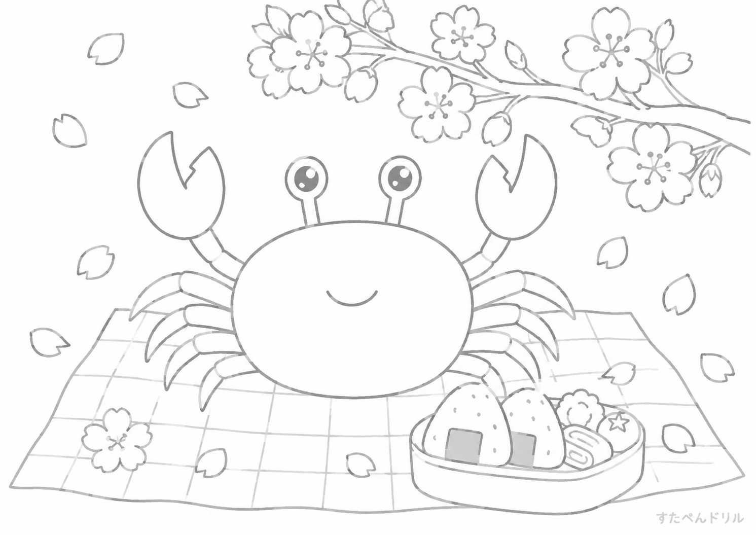 春のピクニックとカニぬりえ 無料プリント A4 PDF