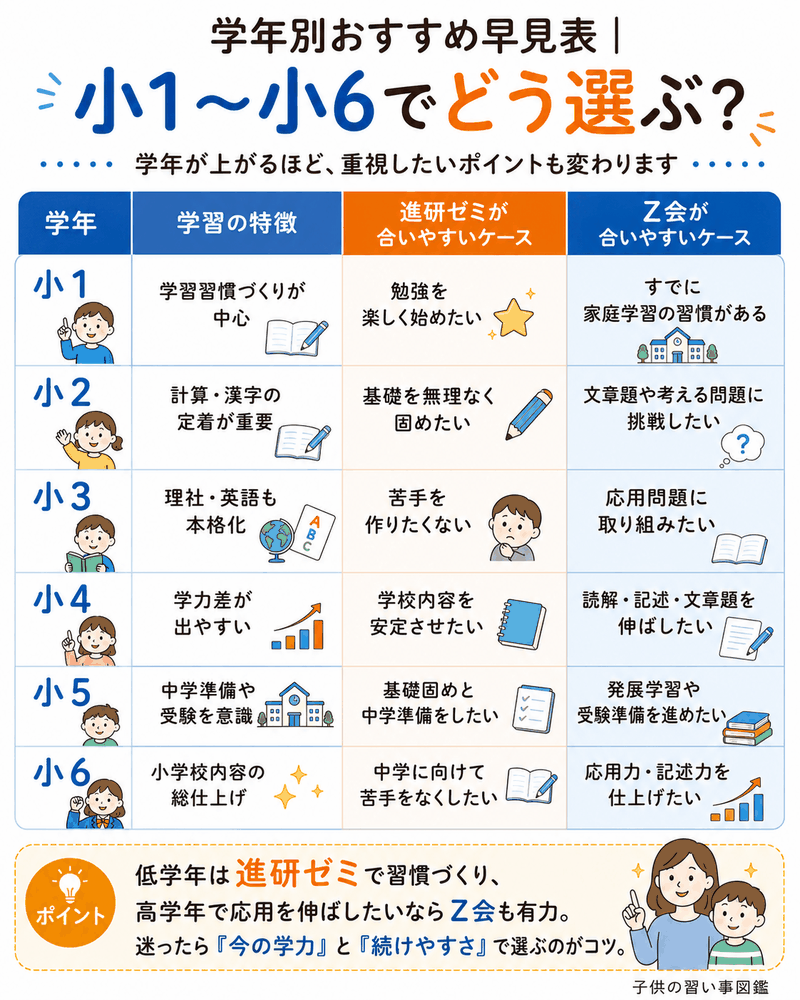 Z会と進研ゼミの学年別おすすめ早見表(小1〜小6)。学年ごとの学習の特徴と合いやすいケースを整理