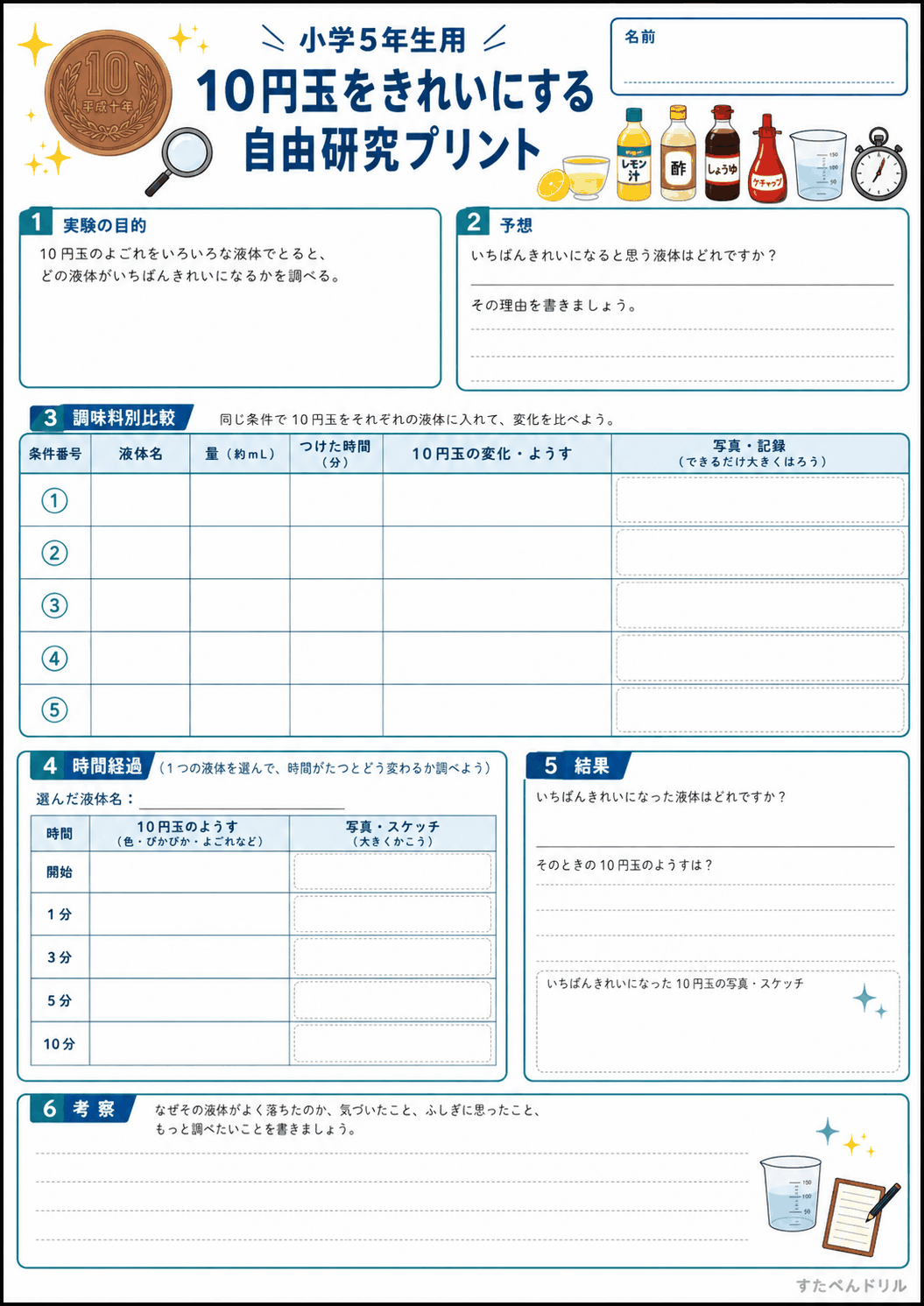 10円玉をきれいにする自由研究プリント 小学5年生用|条件番号つき無料PDF