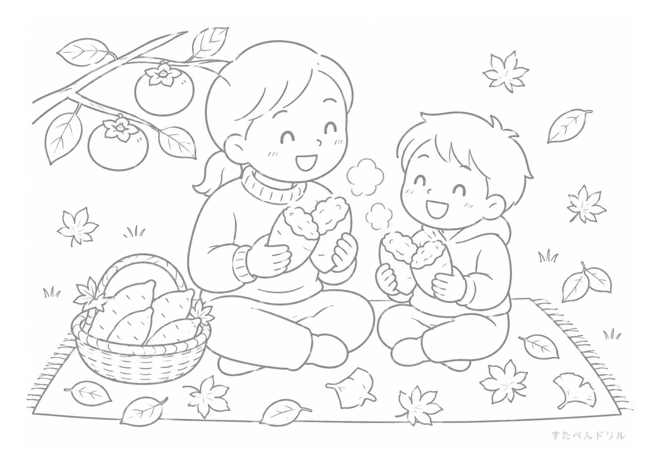 秋のピクニックと焼き芋 無料ぬりえプリント