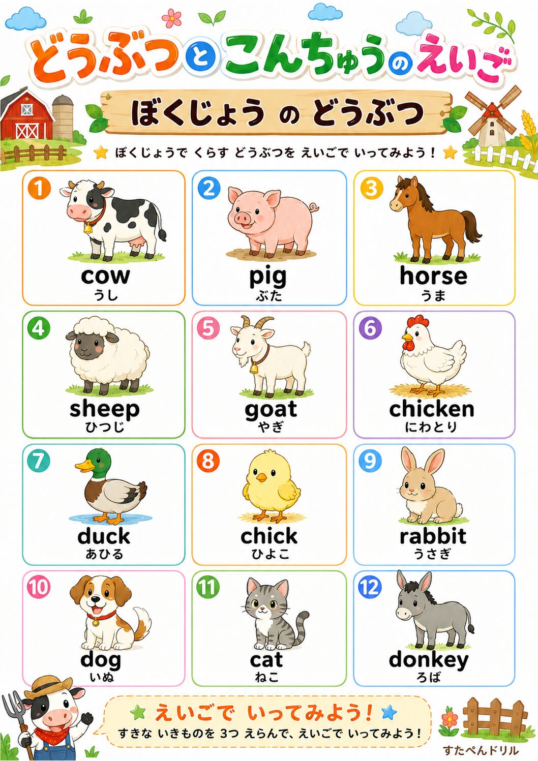 動物・昆虫の英語ポスター 牧場の動物