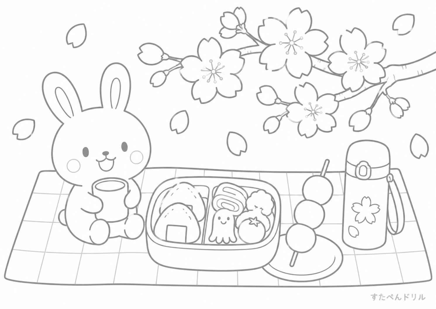 4月 ぬりえ お花見ピクニックのうさぎさん 無料プリント PDF
