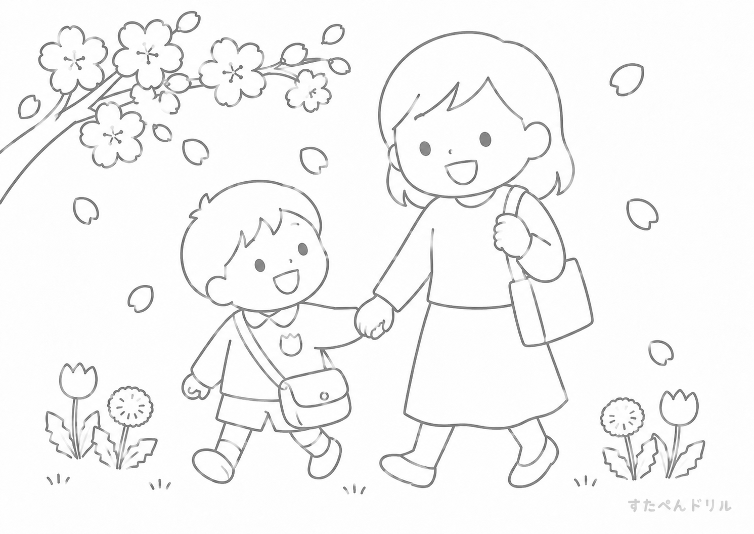 4月 ぬりえ さくらの下で手をつなぐ親子 無料プリント PDF