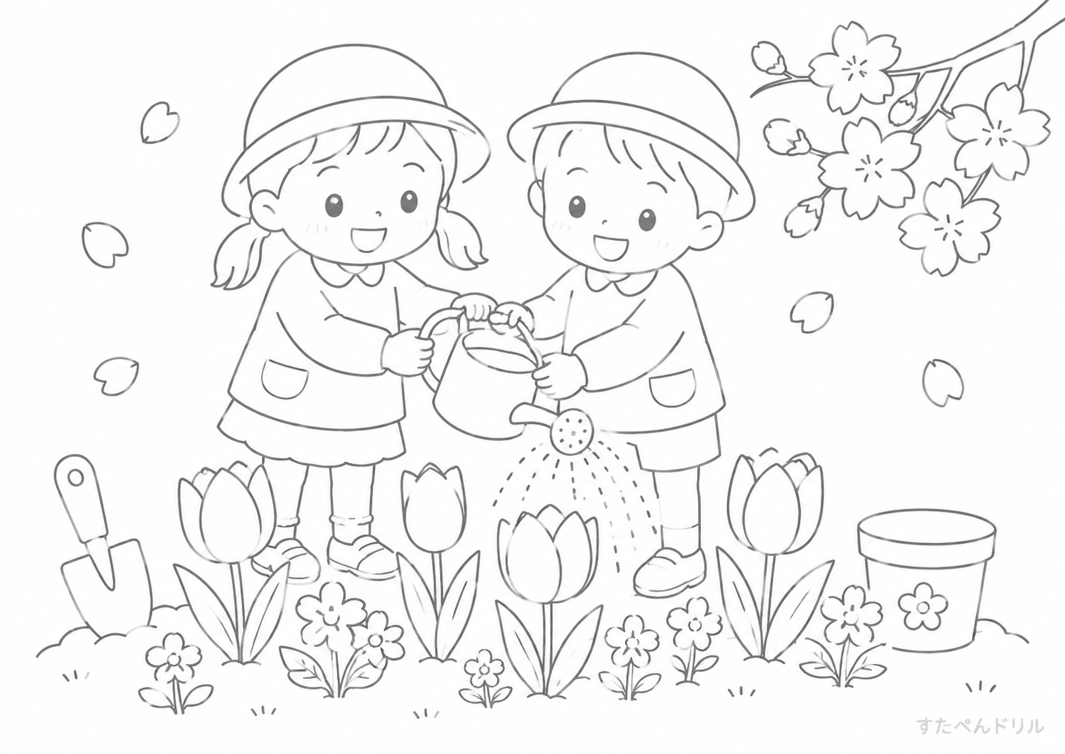 4月 ぬりえ チューリップにみずやり 無料プリント PDF
