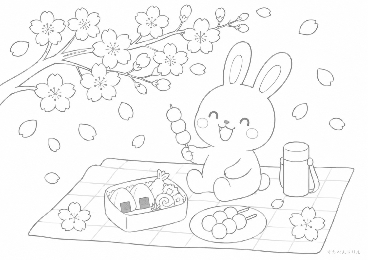 4月 ぬりえ お花見だんごとうさぎさん 無料プリント PDF
