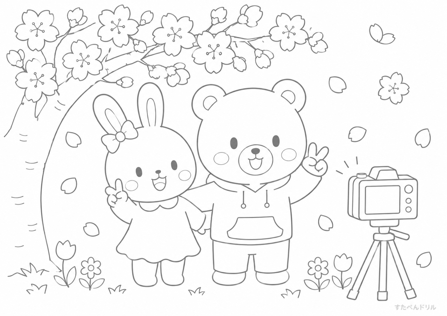 4月 ぬりえ さくらの下で記念撮影 無料プリント PDF