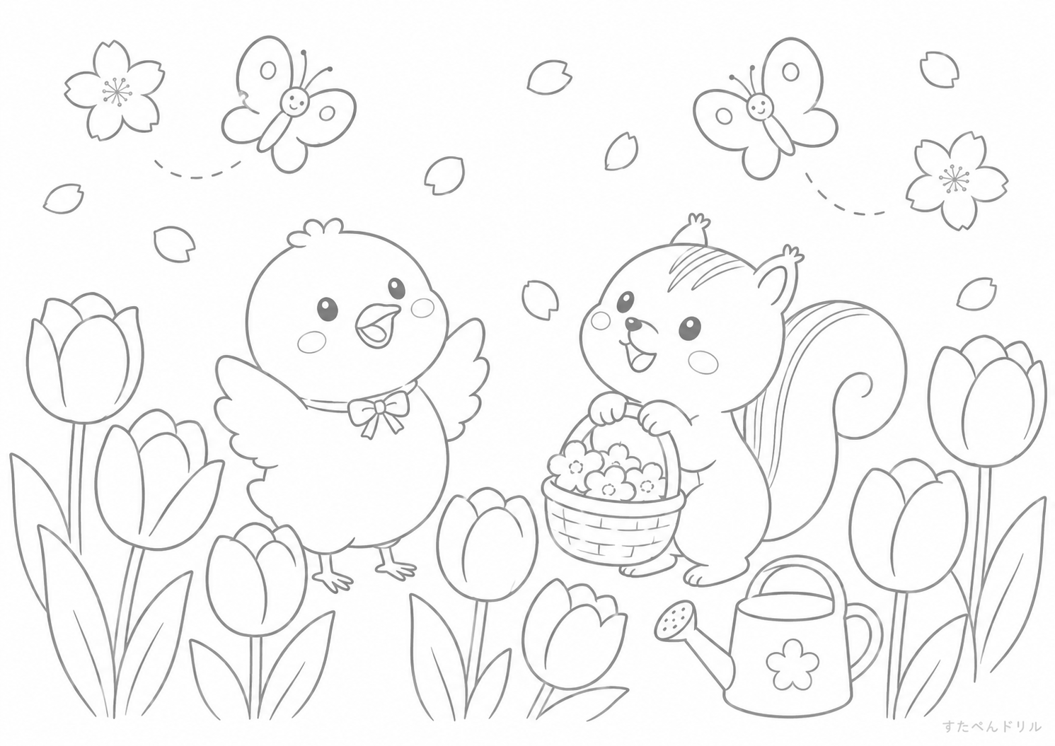 4月 ぬりえ ひよことりすのはるの花ばたけ 無料プリント PDF