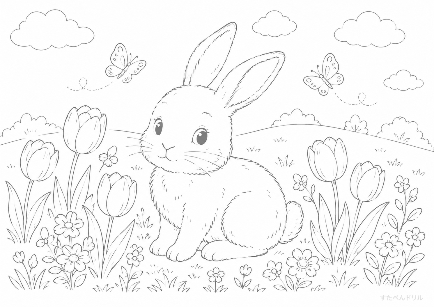 4月 ぬりえ チューリップ畑のうさぎ 無料プリント PDF