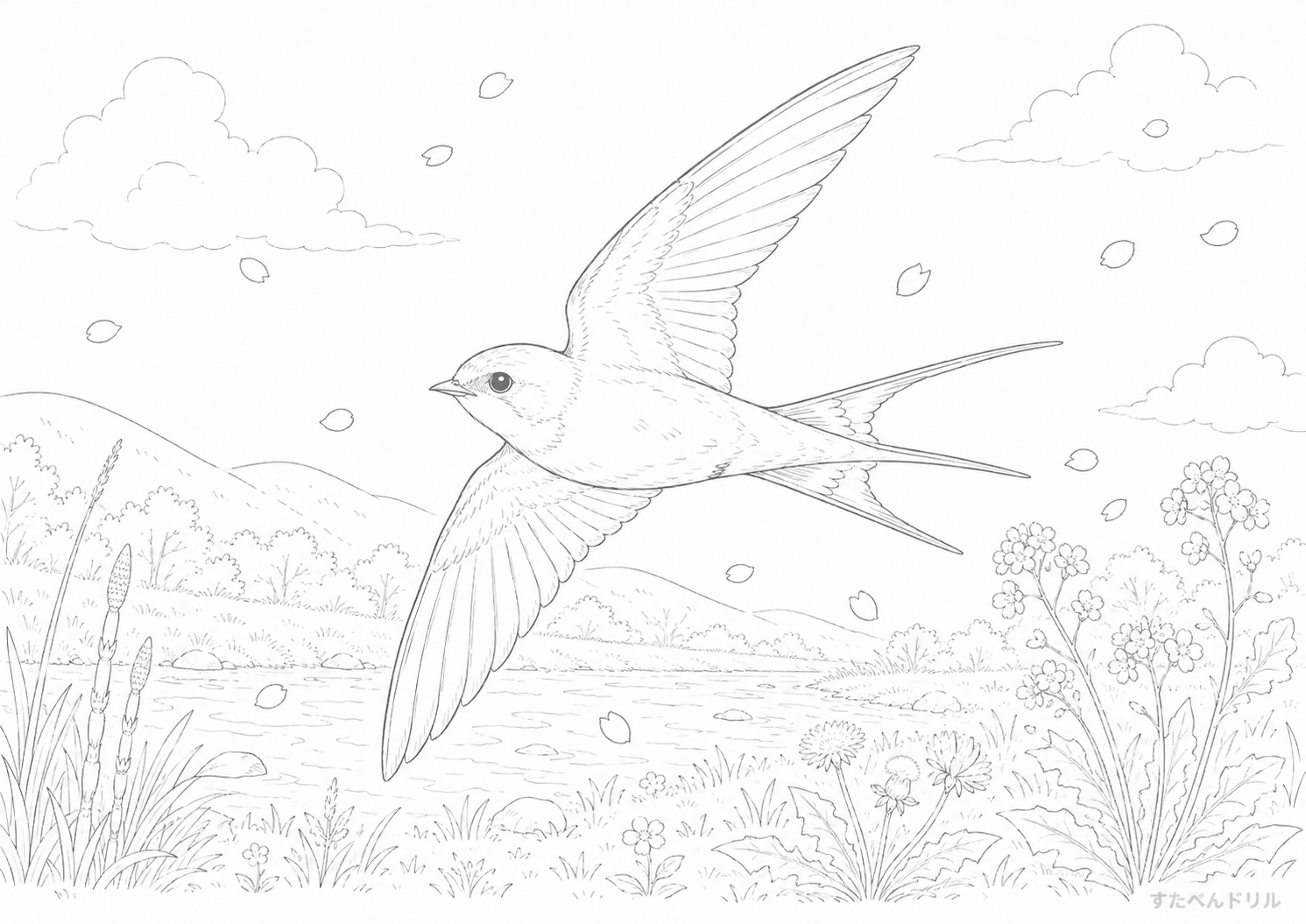 4月 ぬりえ 春空を飛ぶつばめ 無料プリント PDF