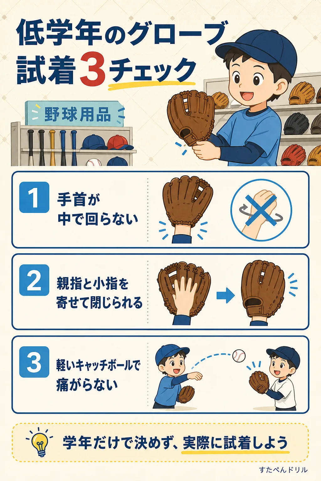 低学年のグローブ試着3チェック：手首が中で回らない、親指と小指を寄せて閉じられる、軽いキャッチボールで痛がらない