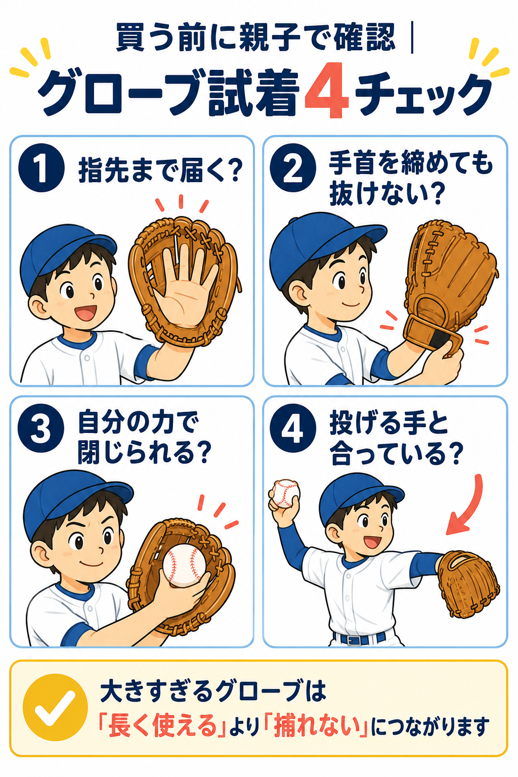 親子で確認する少年野球グローブ試着4チェック