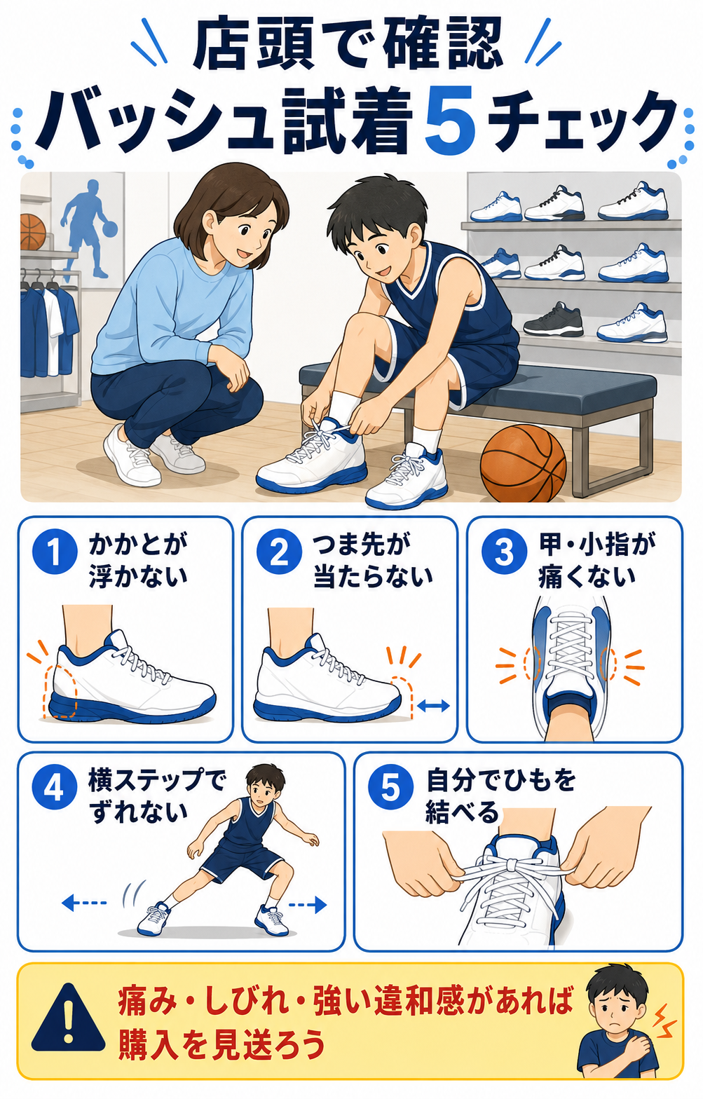 店頭で確認したいバッシュ試着5チェックの図解。かかとが浮かない、つま先が当たらない、甲・小指が痛くない、横ステップでずれない、自分でひもを結べる、の5項目