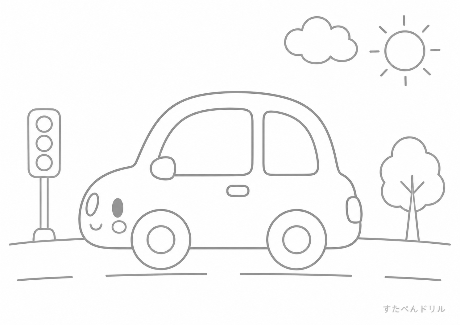 信号のそばの小さな車 車のぬりえ無料プリント