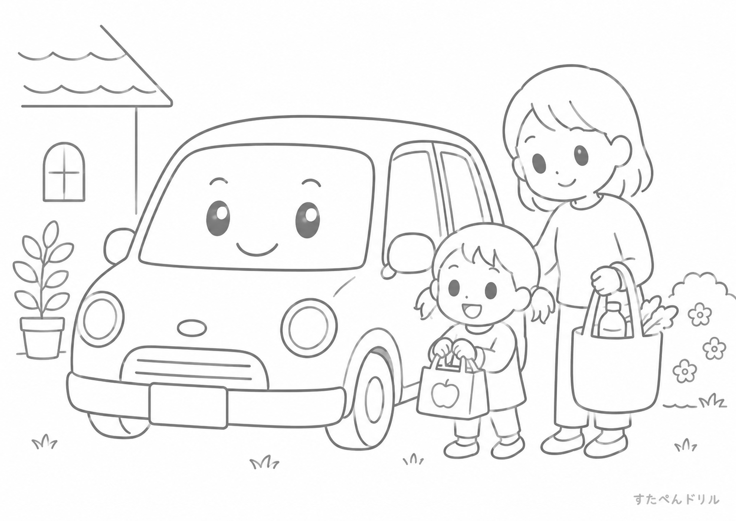 親子でお買い物の車 車のぬりえ無料プリント