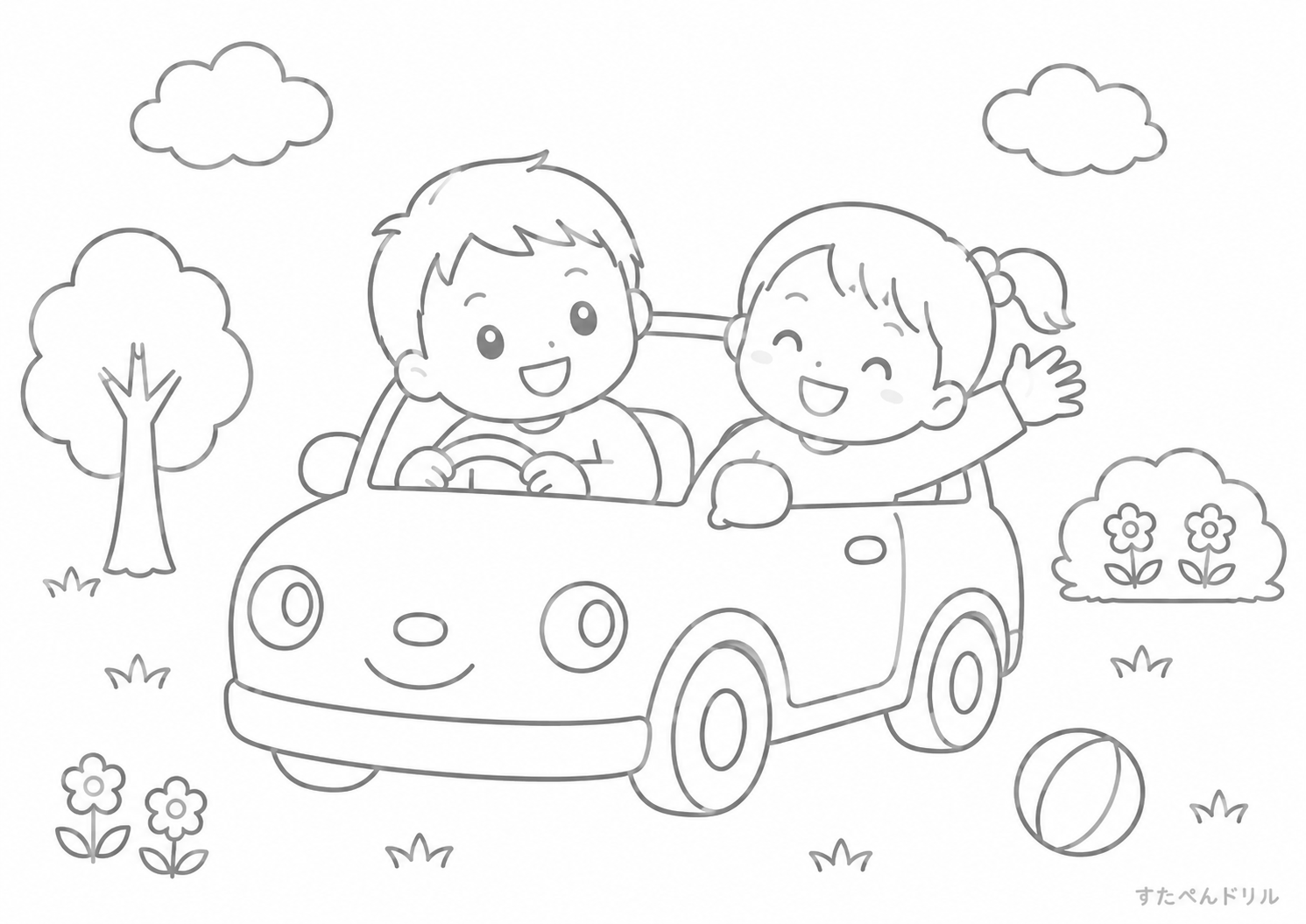 子どもが乗ったにこにこカー 車のぬりえ無料プリント