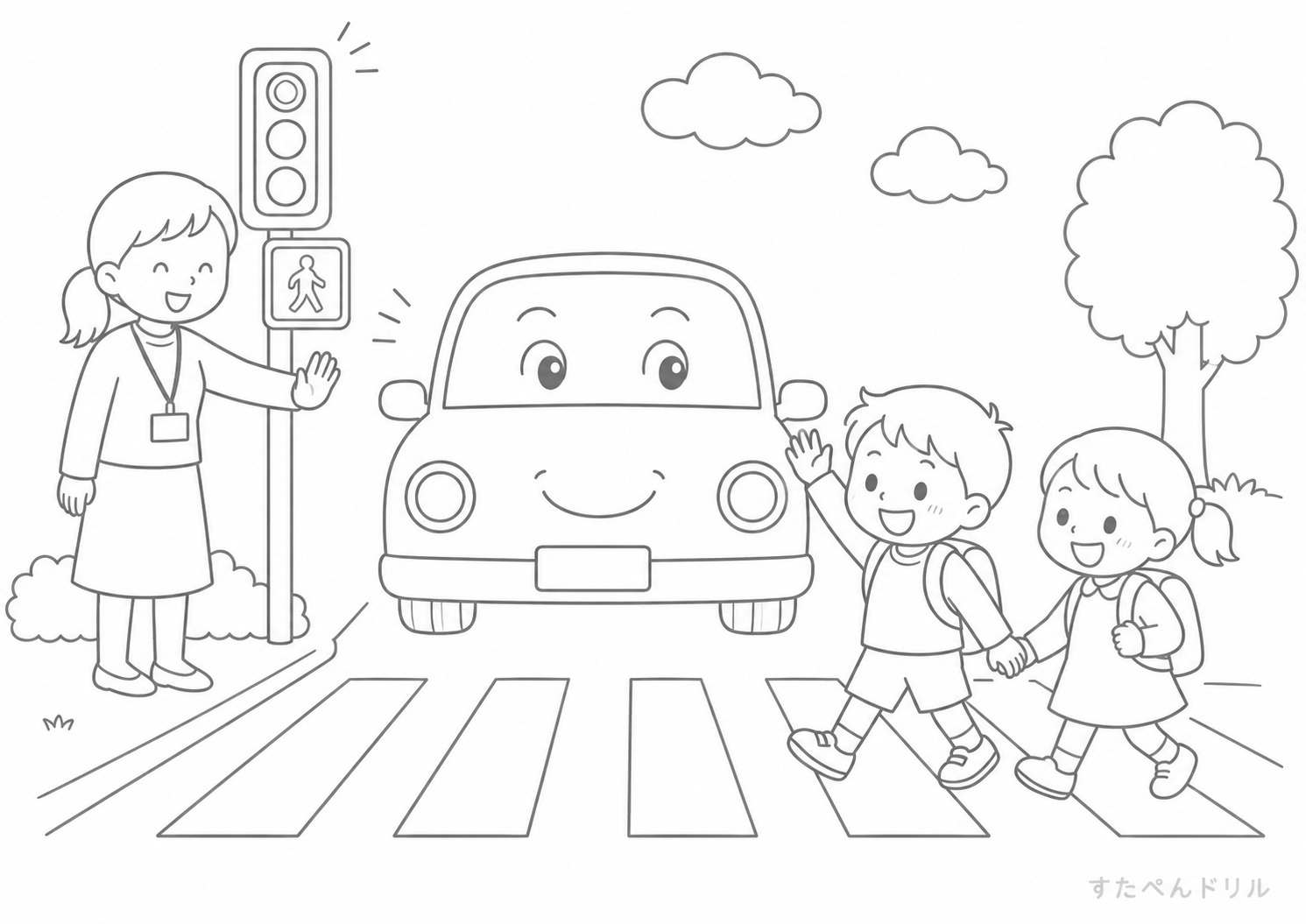 横断歩道と安全運転の車 車のぬりえ無料プリント