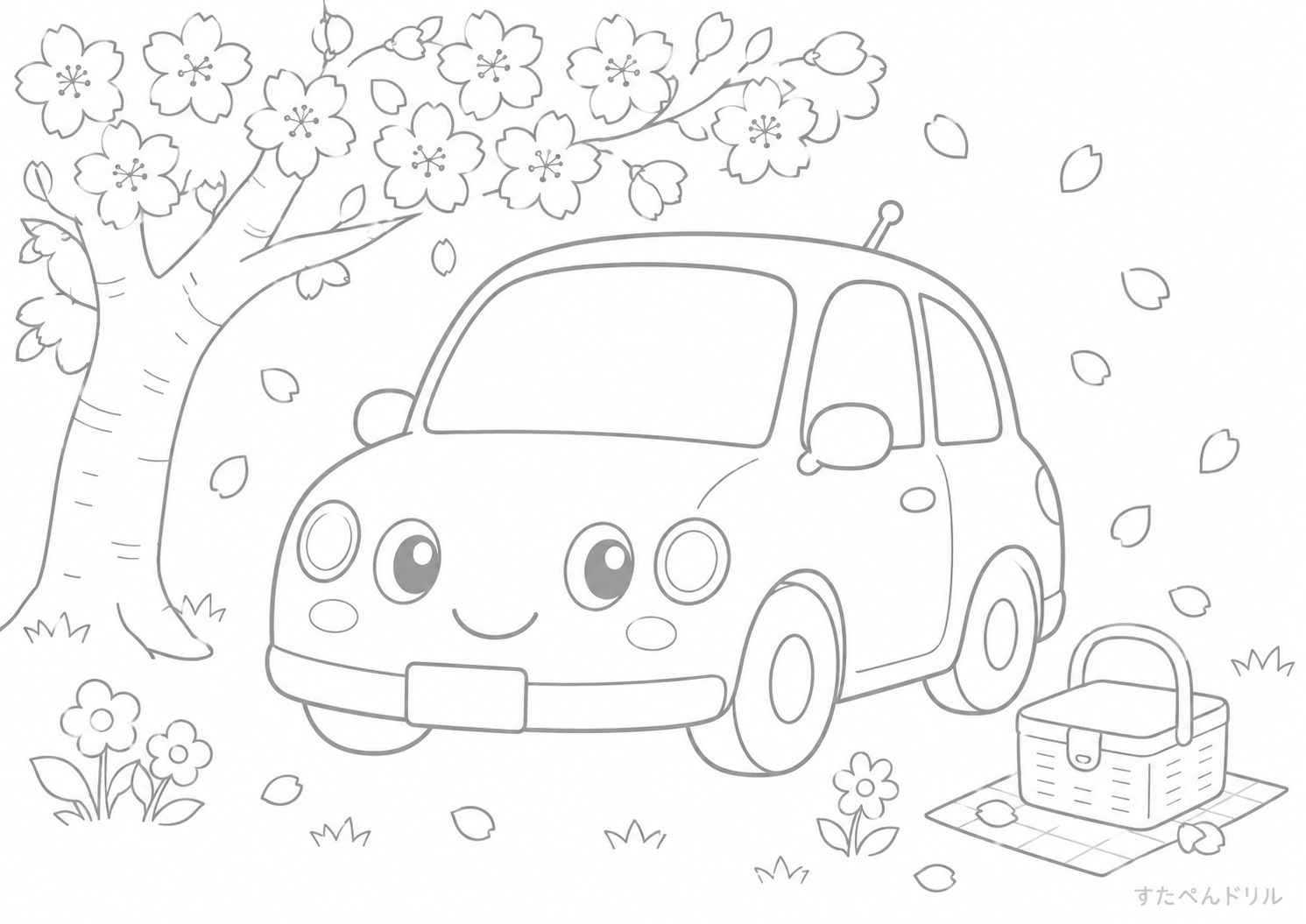 桜の下の車 車のぬりえ無料プリント