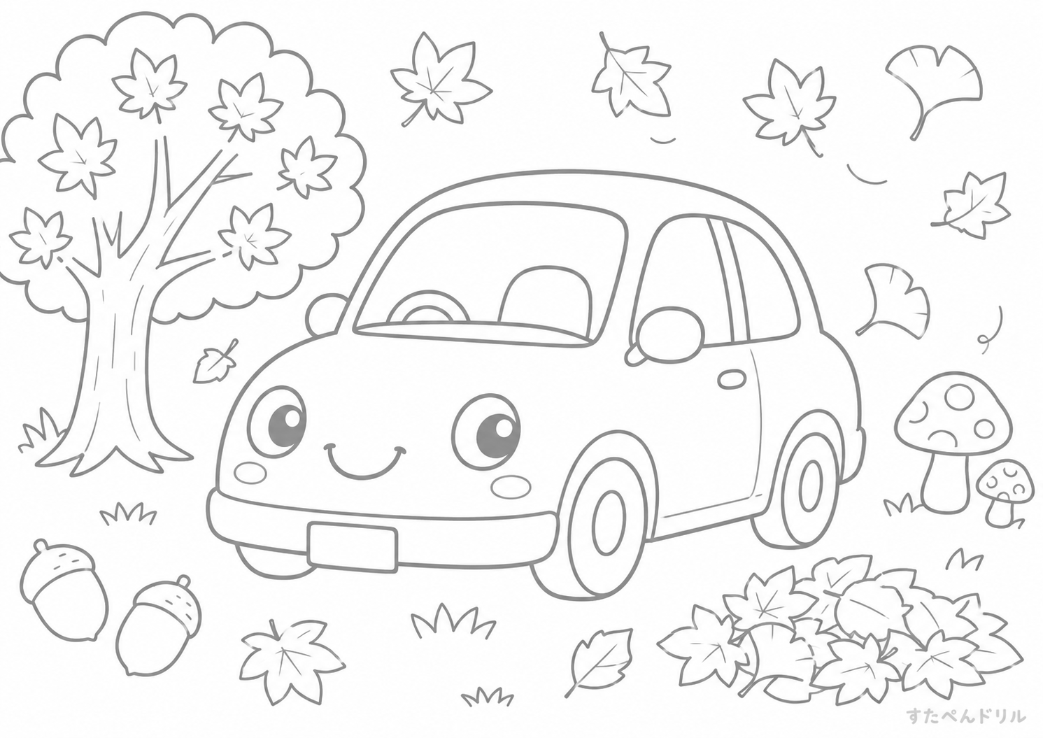 秋の森を走る車 車のぬりえ無料プリント