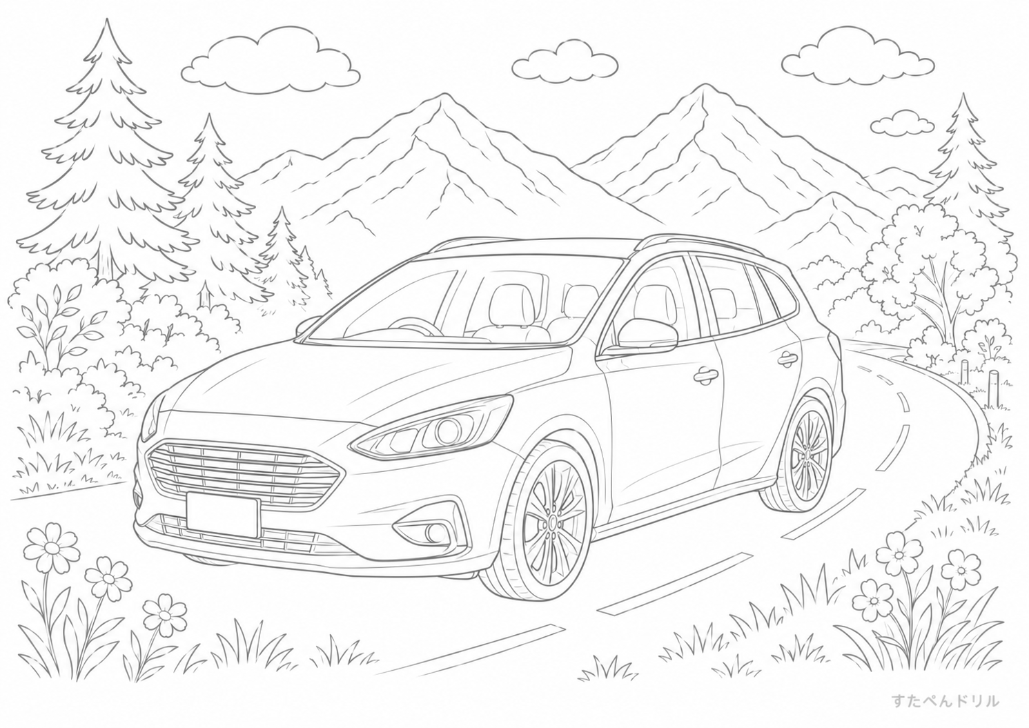 山道を走るリアルな車 車のぬりえ無料プリント