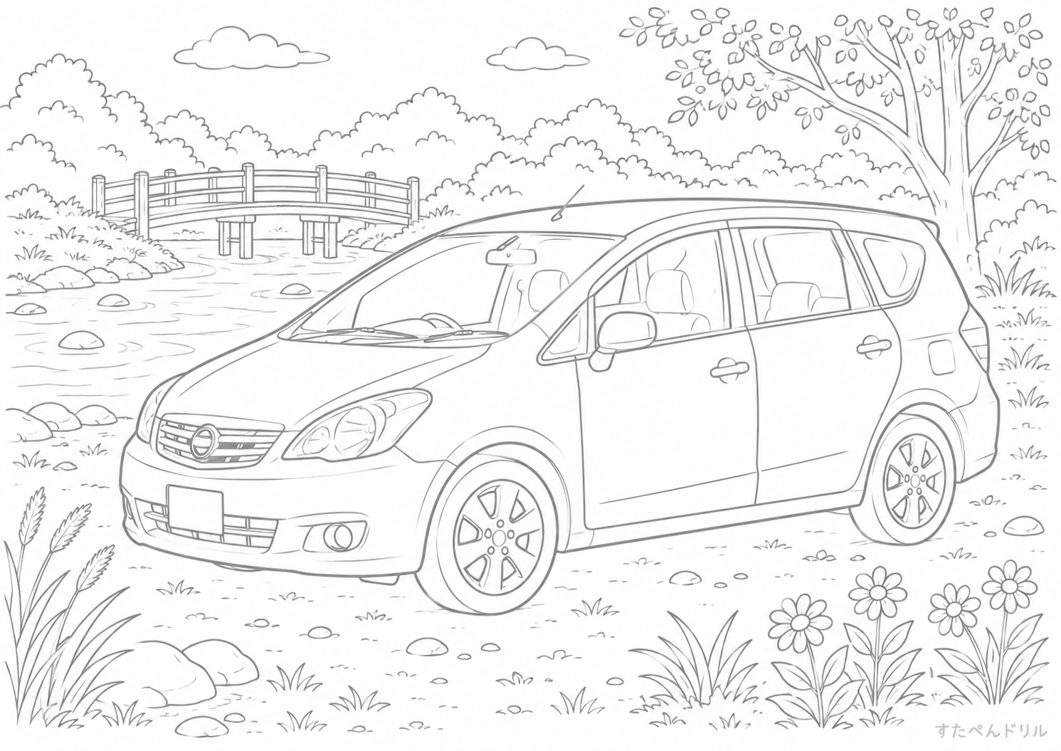 自然の中のワゴン車 車のぬりえ無料プリント