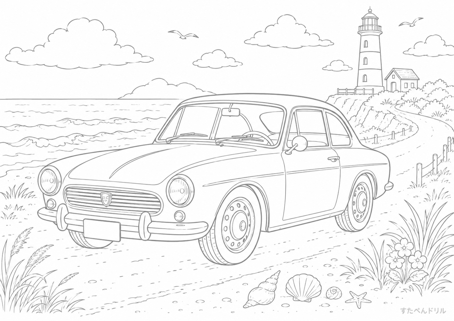 海辺のクラシックカー 車のぬりえ無料プリント