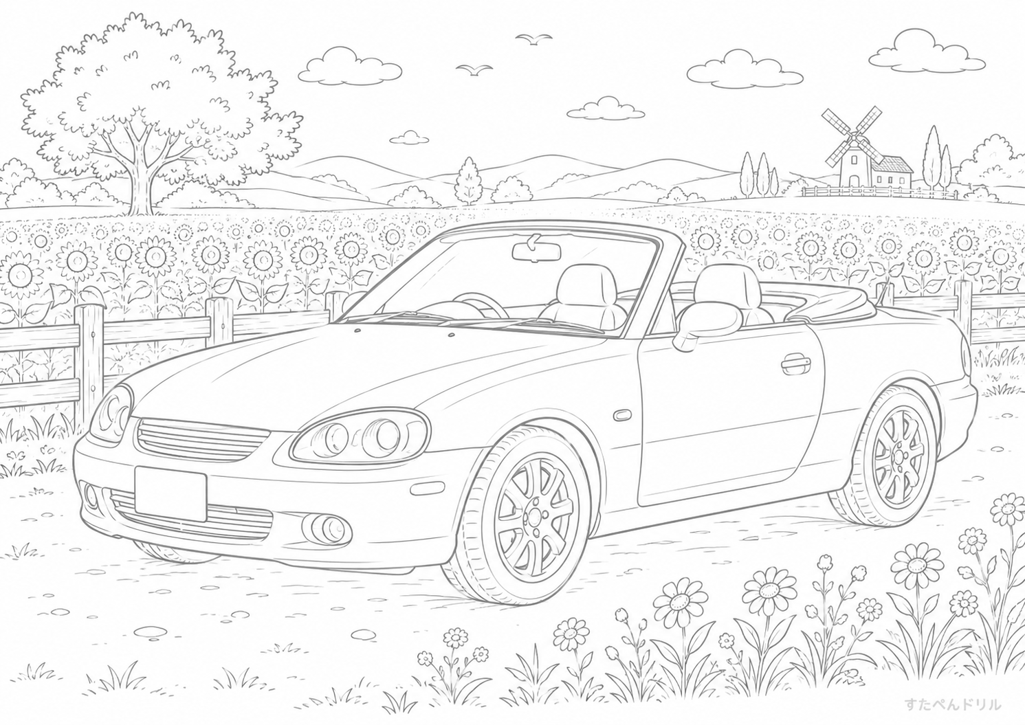 花畑を走るスポーツカー 車のぬりえ無料プリント