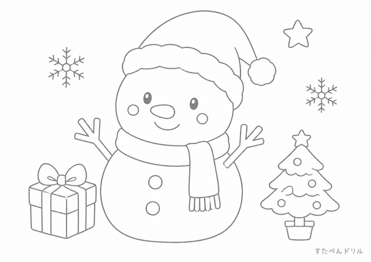 雪だるまとクリスマスの贈り物 クリスマス ぬりえ 無料プリント PDF