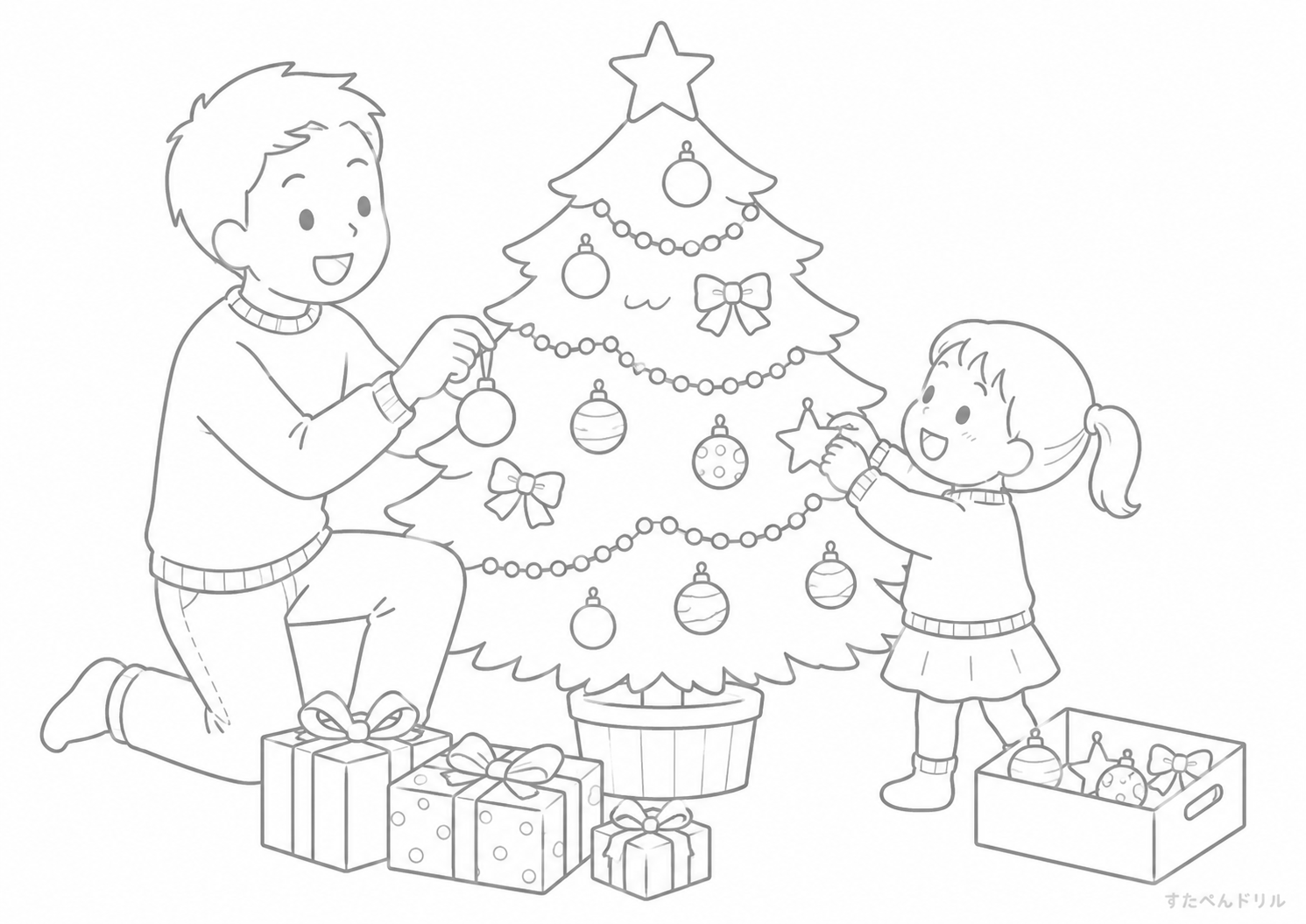 親子でクリスマスツリーの飾り付け クリスマス ぬりえ 無料プリント PDF