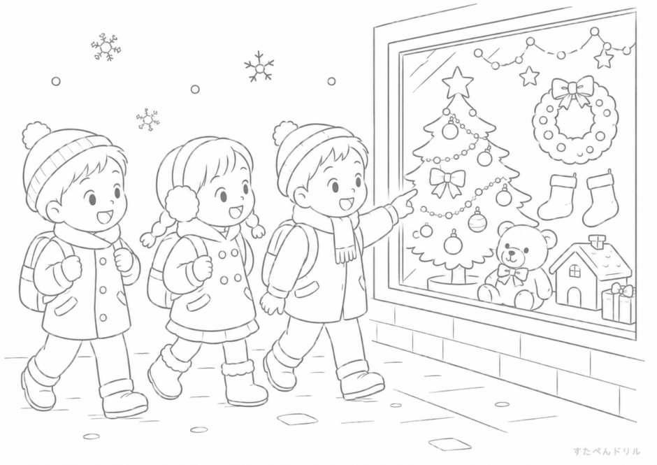 冬の街角のクリスマスショーウィンドウ クリスマス ぬりえ 無料プリント No.30(かわいい)