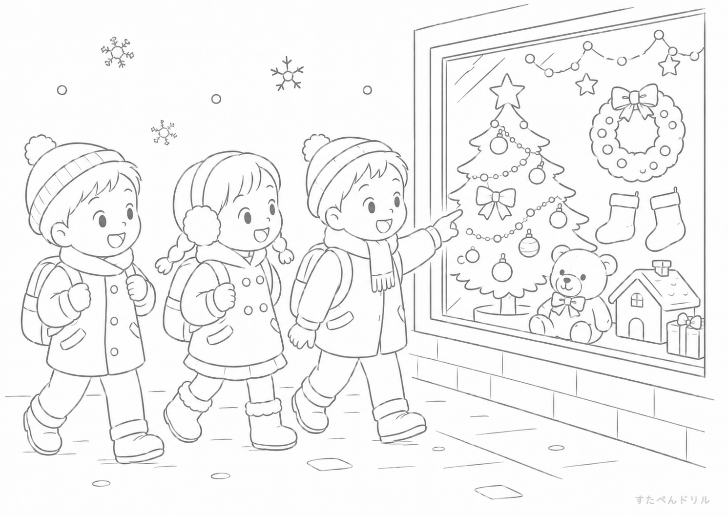 冬の街角のクリスマスショーウィンドウ クリスマス ぬりえ 無料プリント PDF