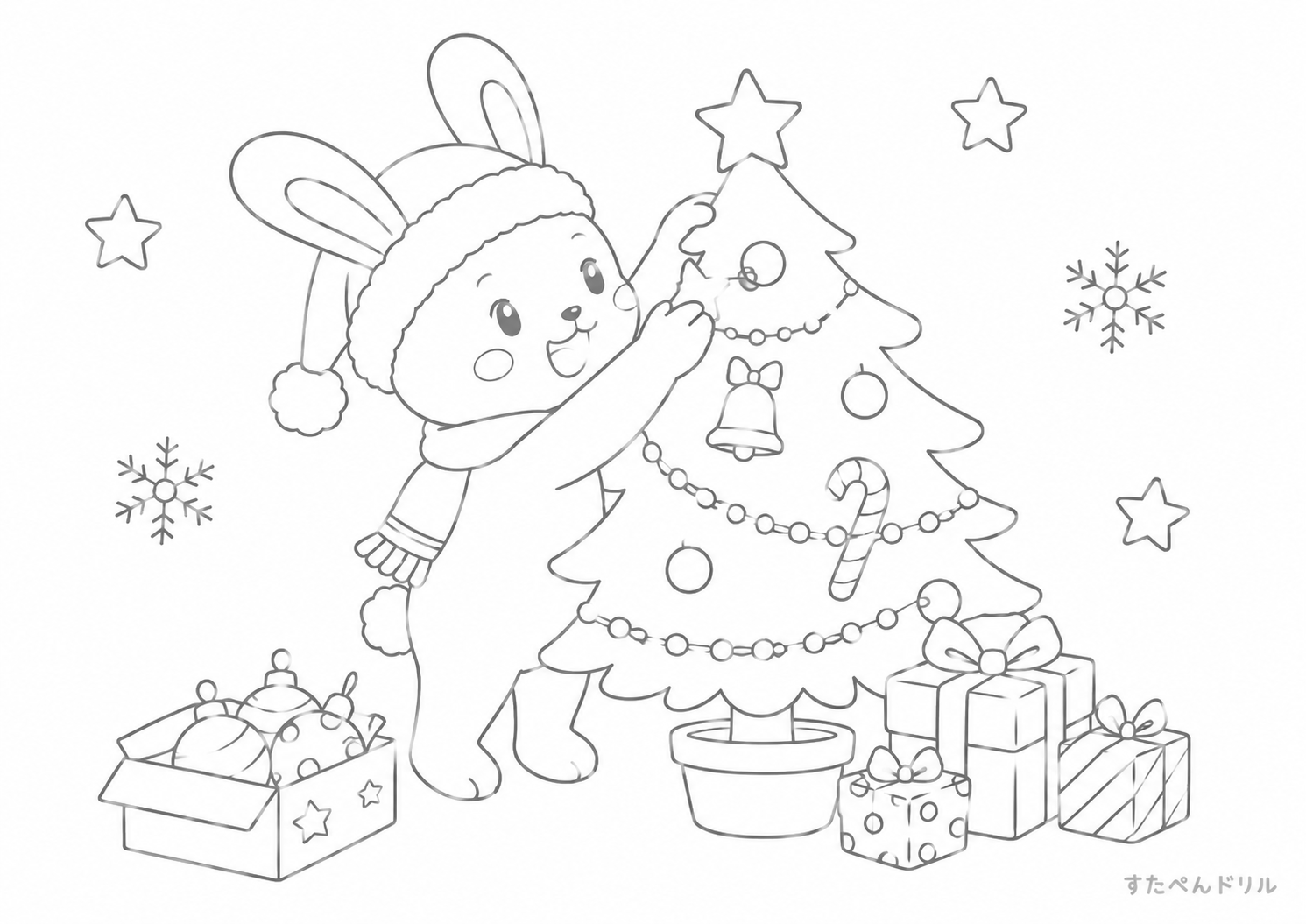 うさぎのクリスマスツリー飾り クリスマス ぬりえ 無料プリント PDF