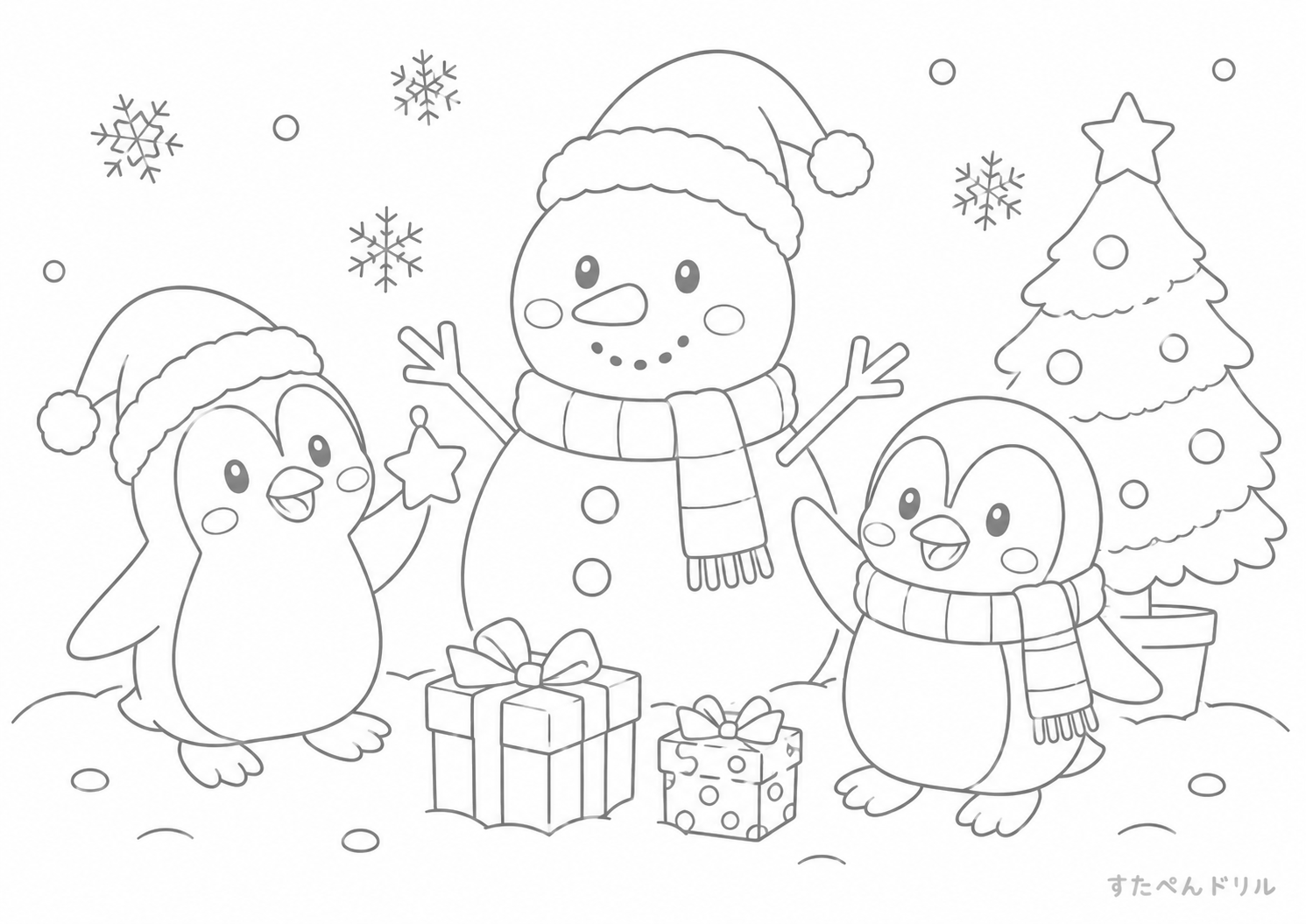 雪だるまとペンギンのクリスマス クリスマス ぬりえ 無料プリント PDF