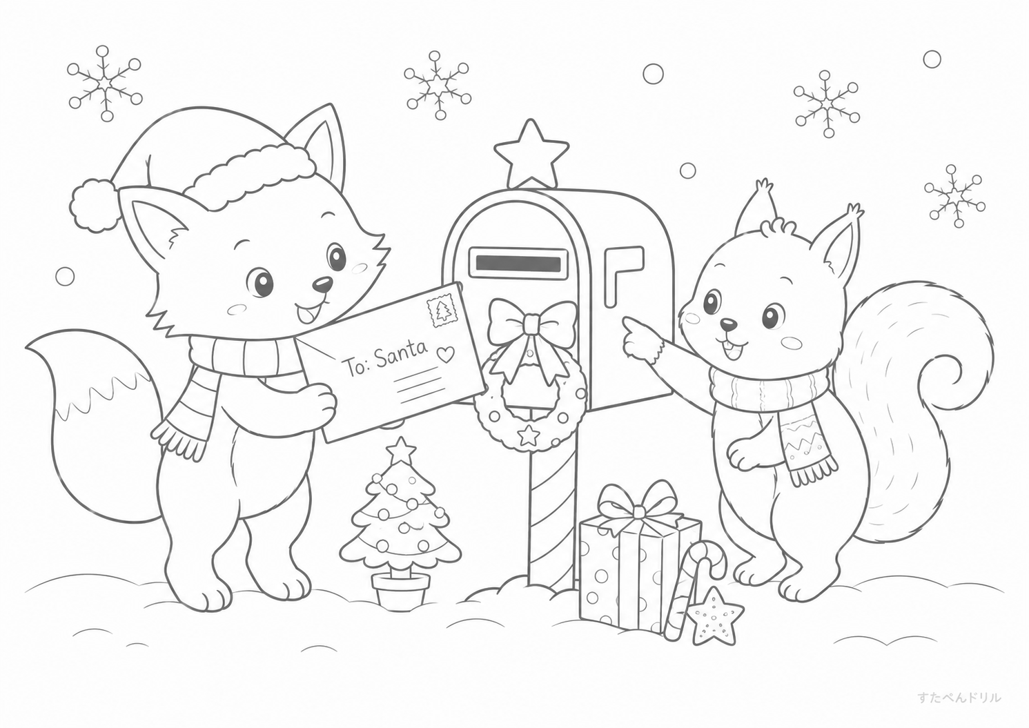 サンタへの手紙と冬の風景 クリスマス ぬりえ 無料プリント PDF