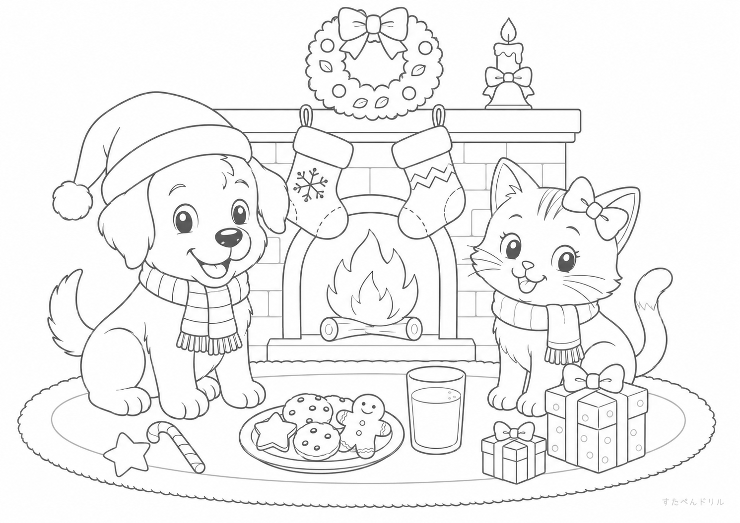 暖炉の前の暖かなクリスマス クリスマス ぬりえ 無料プリント PDF
