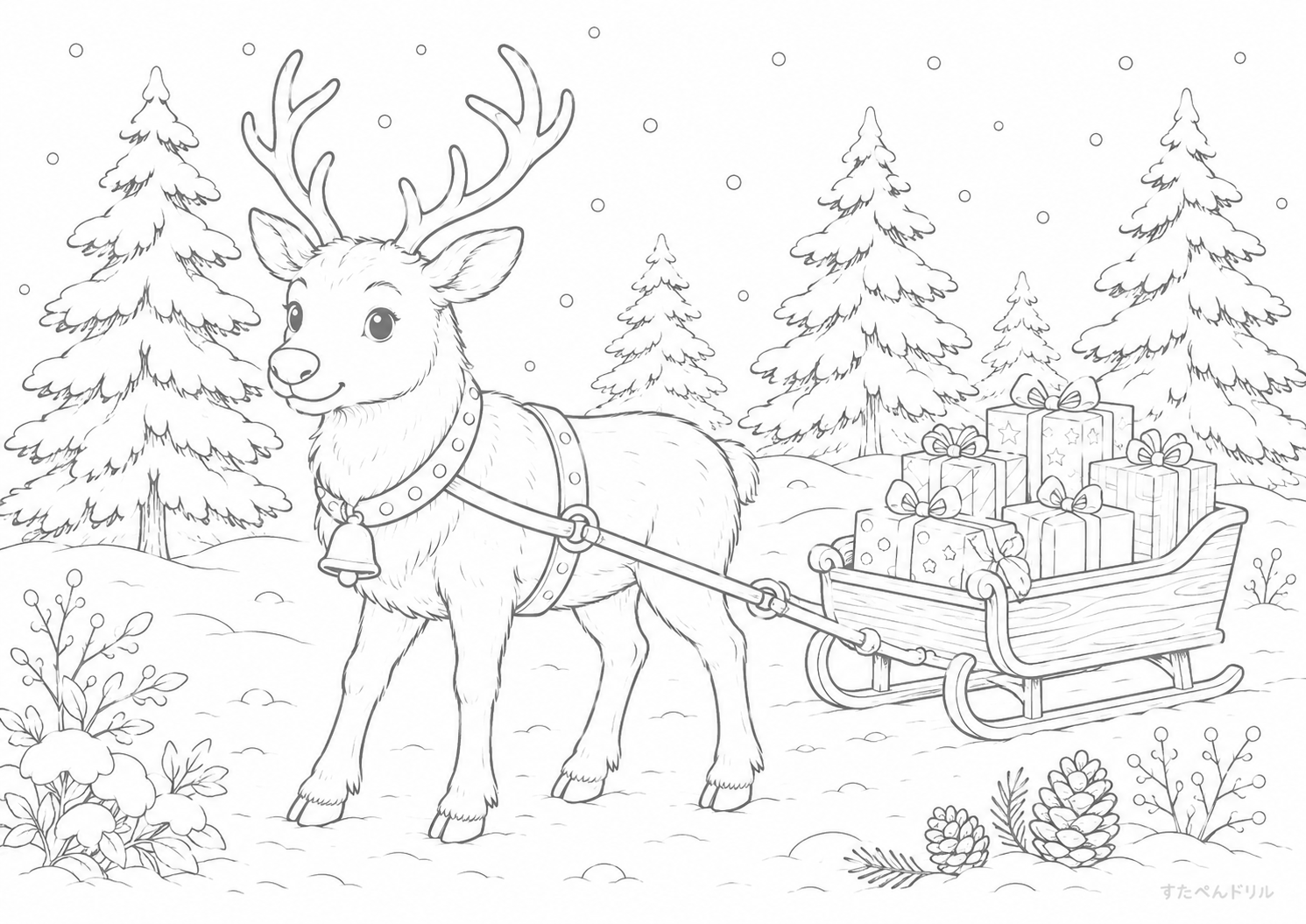 冬の森の中のトナカイ クリスマス ぬりえ 無料プリント PDF