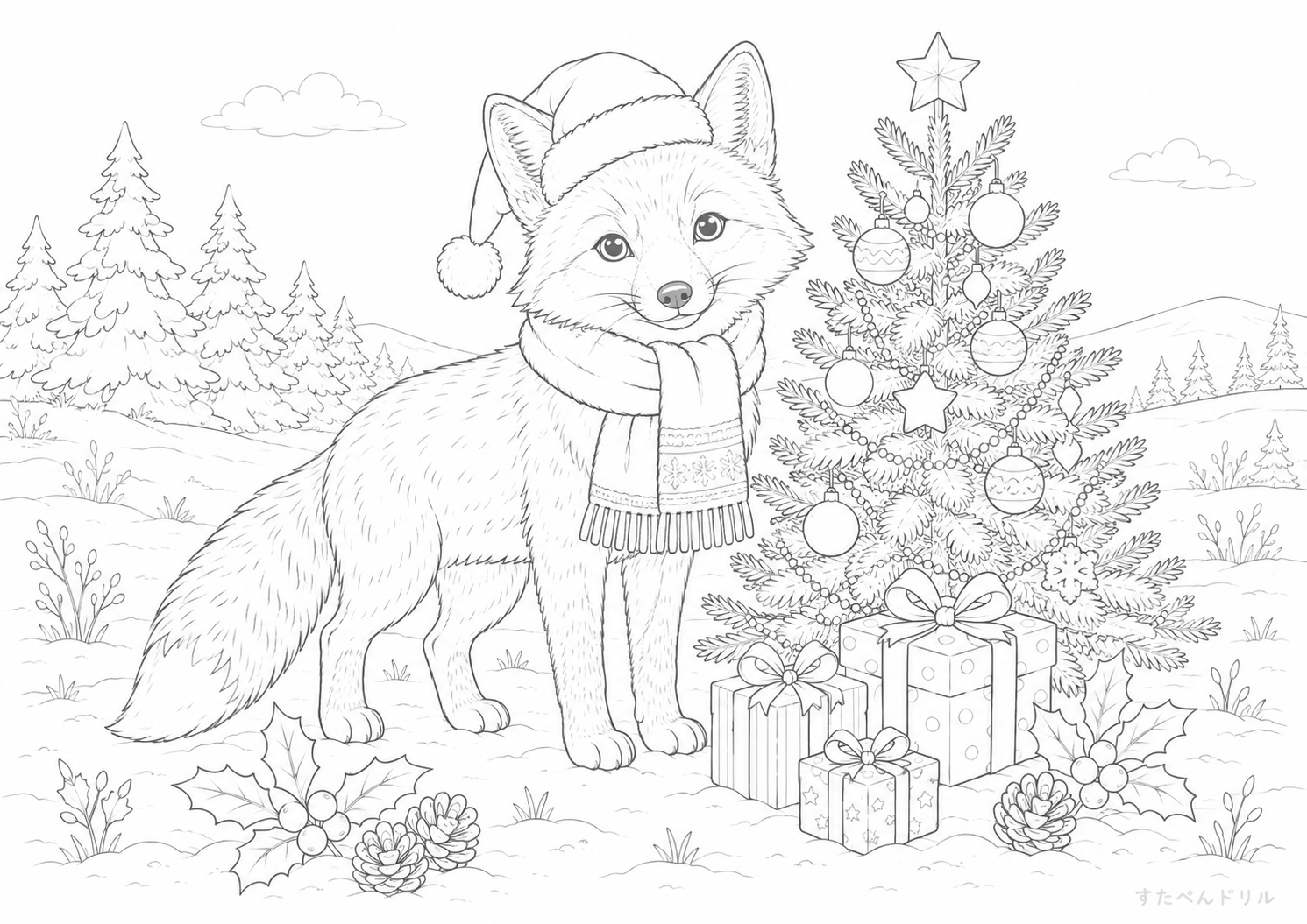 冬の森のキツネとクリスマスツリー クリスマス ぬりえ 無料プリント PDF